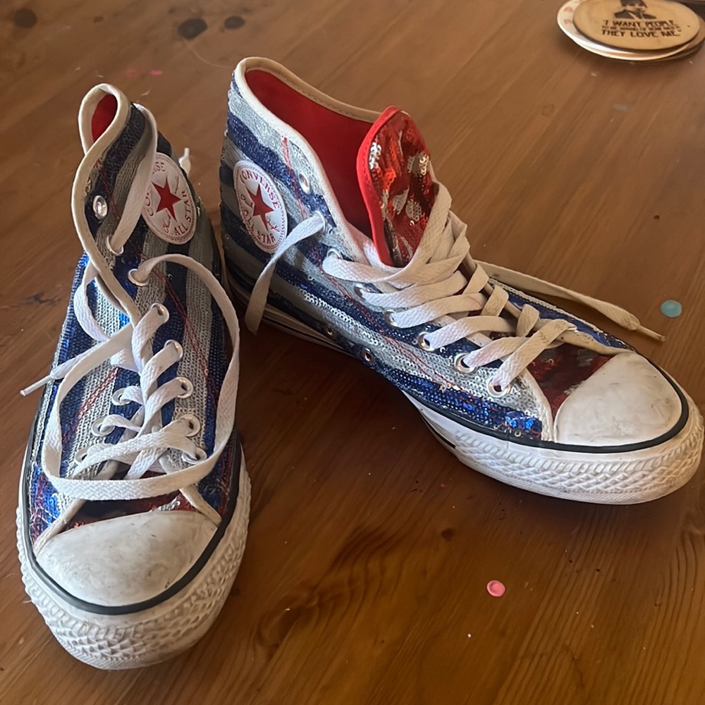 Red white and blue high tops converse sneakers